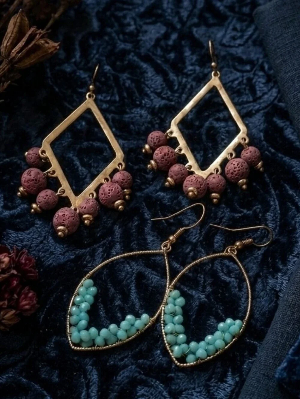 2 Pair Gold Tone Beaded Boho Dangle Beaded Earrings